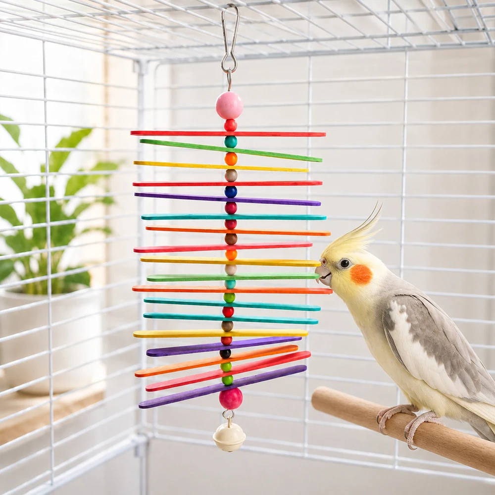 Juguete masticable para loros y aves – Colgante de madera con cascabeles - imagen 3