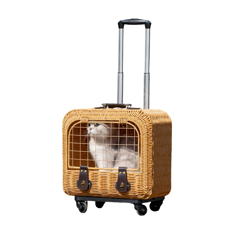 Carrito de transporte transpirable de ratán con ruedas para gatos - imagen 5