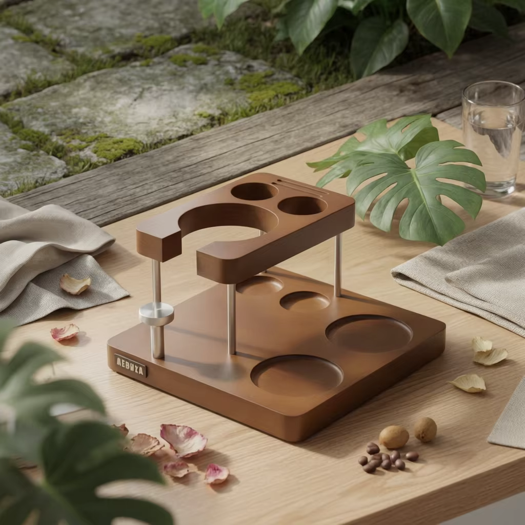 Soporte de madera para prensador de café compacto de espresso