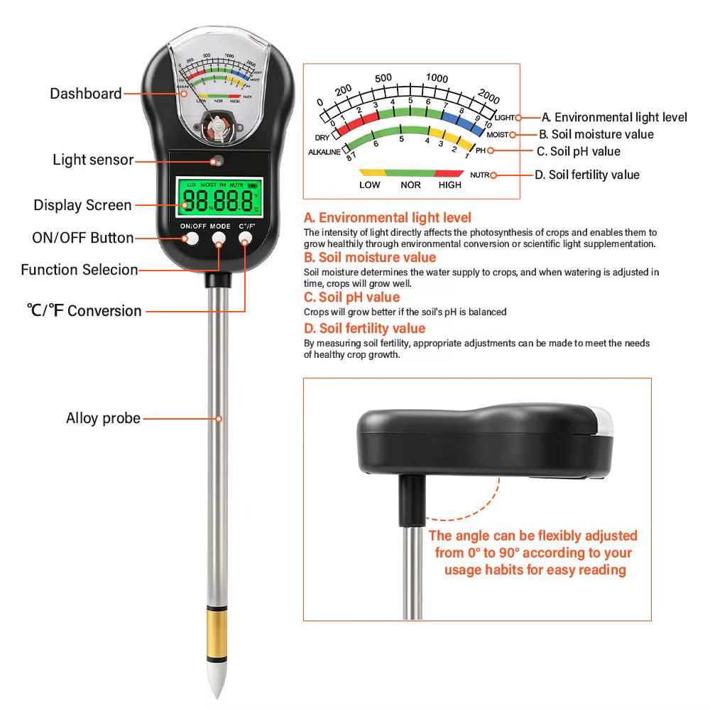 Medidor digital de suelo: pH, humedad, temperatura, luz y fertilidad