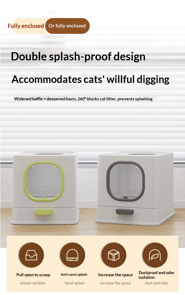 Caja de arena plegable y cerrada para gatos de interior