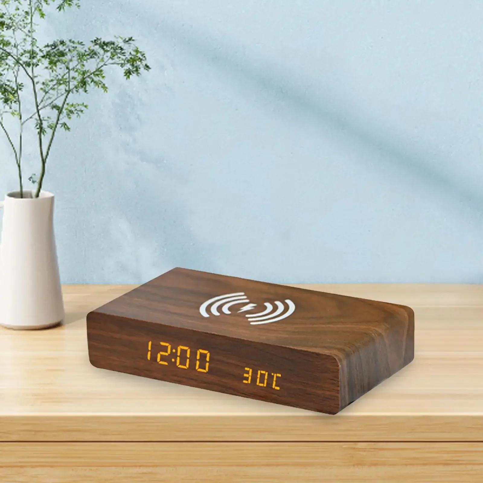Reloj despertador LED de madera con carga inalámbrica – Para gatos y perros - imagen 2