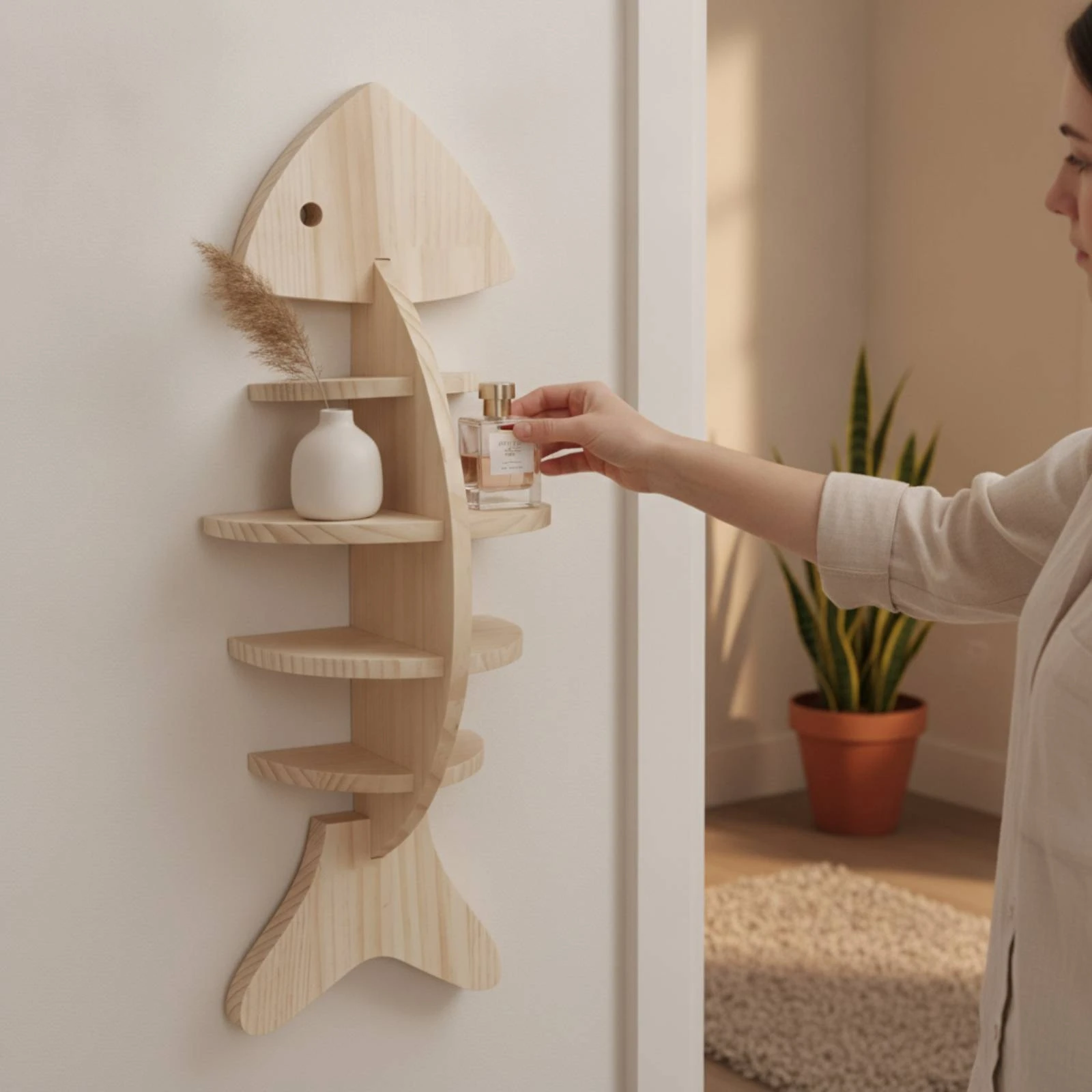 Estante pared gato forma espina pescado madera maciza - imagen 2