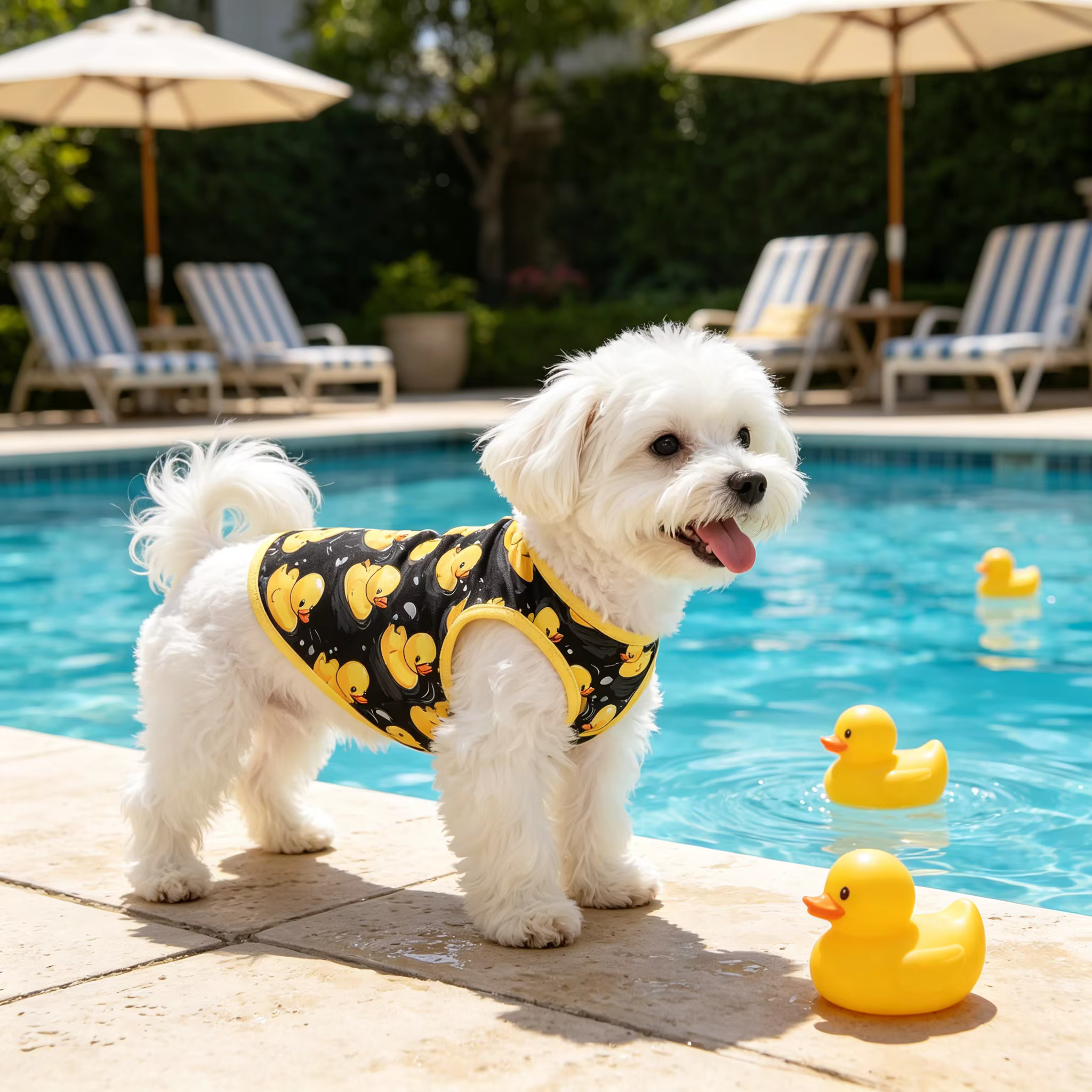 Detalle del estampado de pato amarillo en el chaleco
