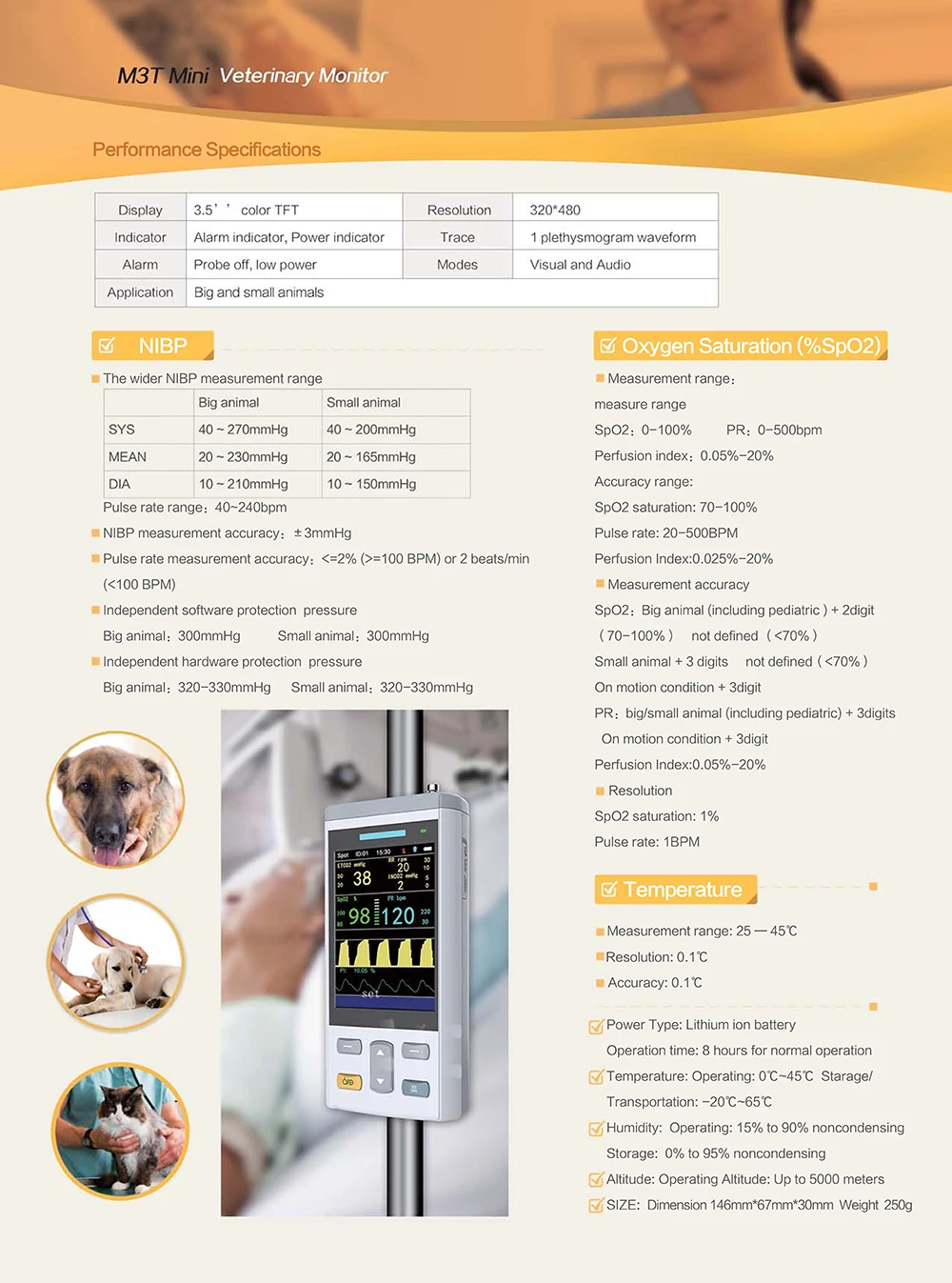 Sensor de SpO2 y probe de temperatura conectados al monitor