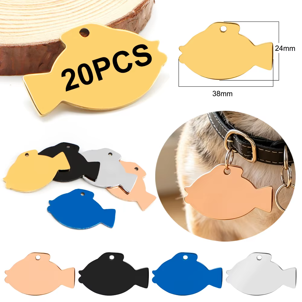 Etiquetas para mascotas con forma de pez, en blanco para grabar