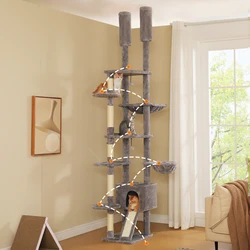 Torre ajustable para gatos piso a techo con rascador de sisal