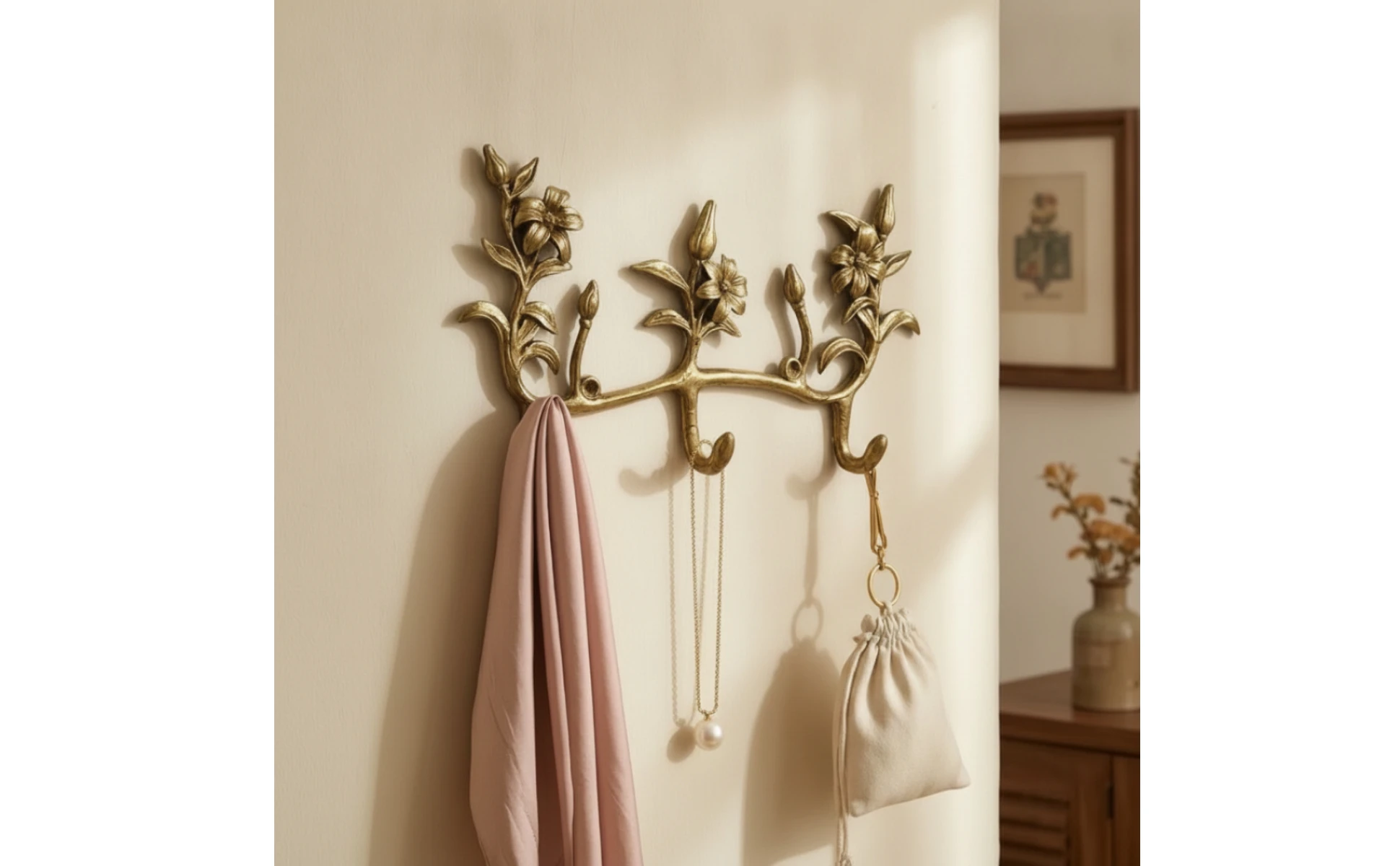Detalle del perchero floral dorado con ganchos mostrando su diseño ornamental de ramas y flores