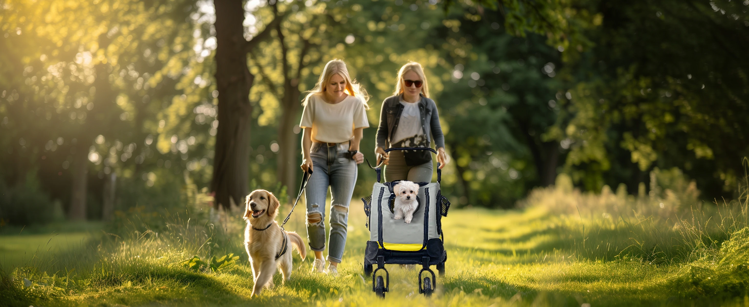 Carrito plegable para mascotas en uso
