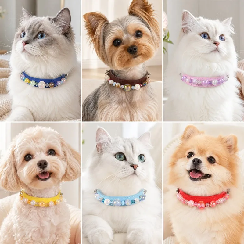 Collar regulable para perros y gatos de piel sintética con perlas - imagen 4