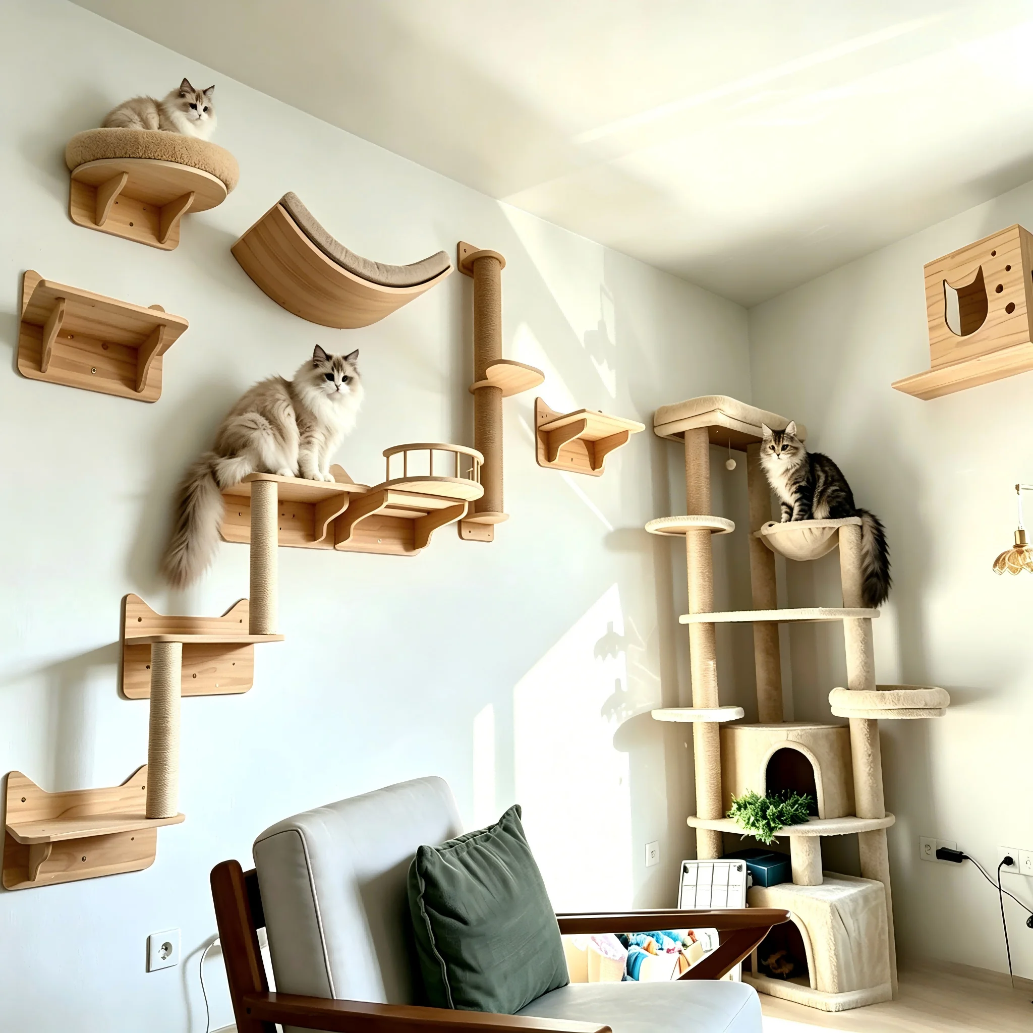 Rascador de pared para gatos instalado en sala moderna