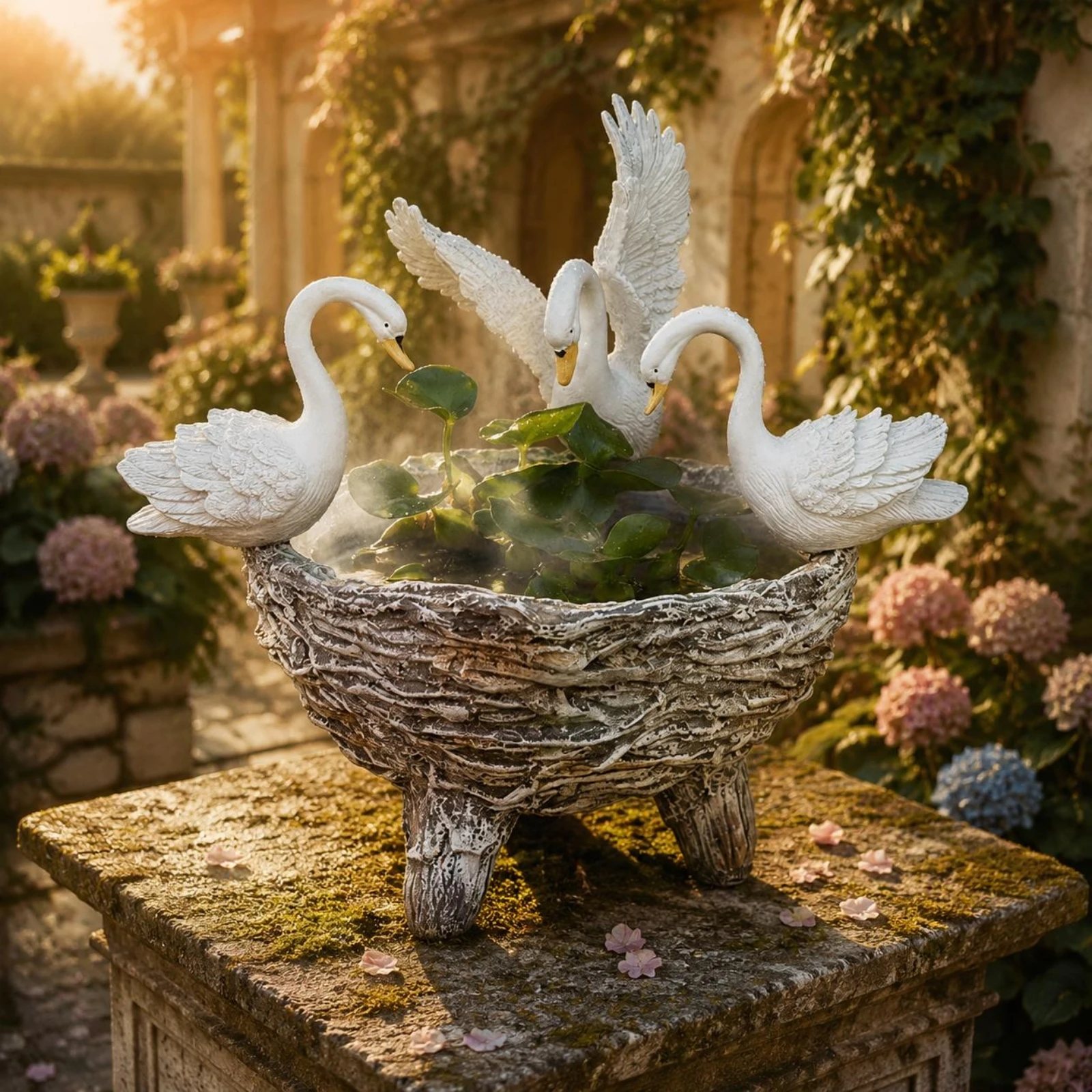 Maceta forma de cisne artesanal texturizada para jardín y patio