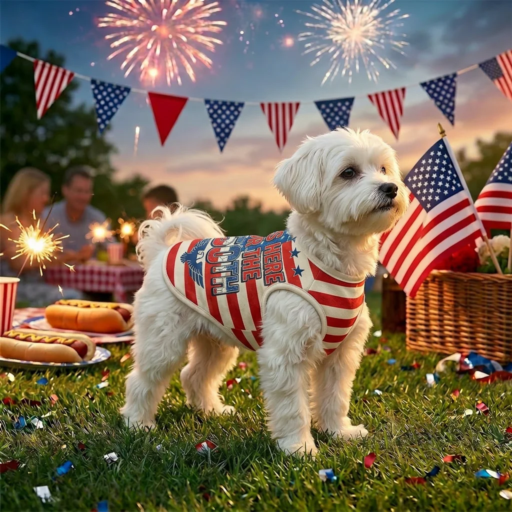 Perro pequeño usando el chaleco patriótico