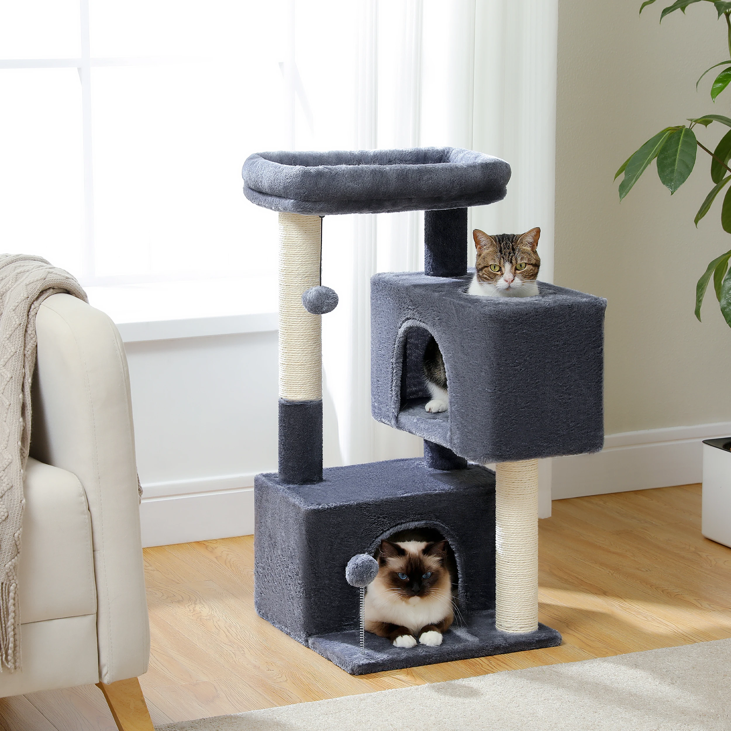 Rascador para gatos 80 cm 3 niveles doble cueva y pelota - imagen 4