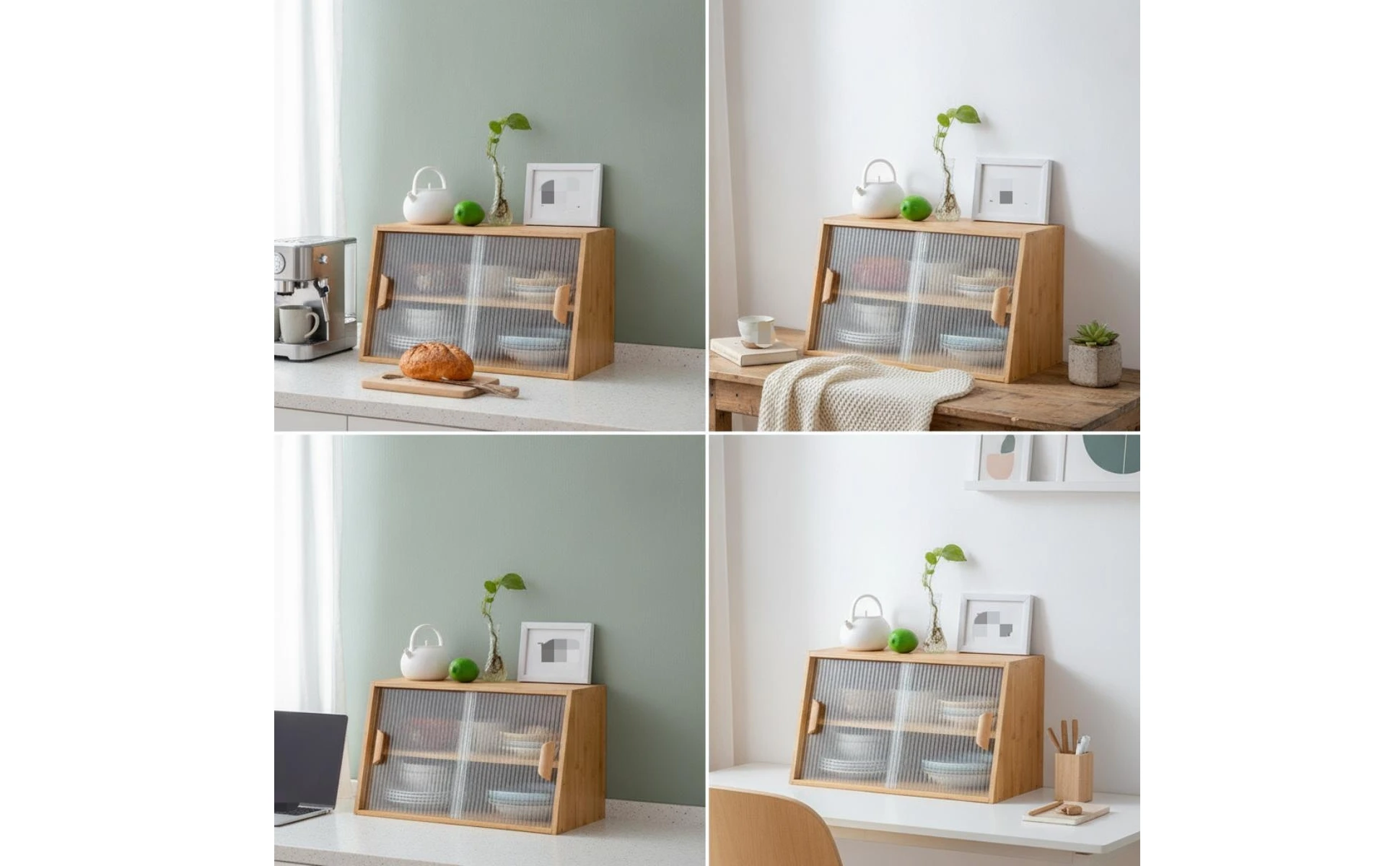 Mueble de cocina compacto con puertas de vidrio visto de frente