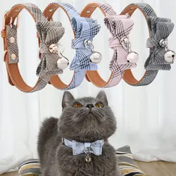 Collar para Gato con Lazo a Cuadros y Campana, Ajustable de Cuero PU