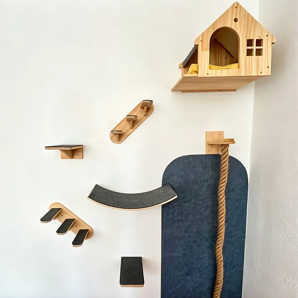 Árbol rascador de pared con sisal, puente colgante y cama para gatos