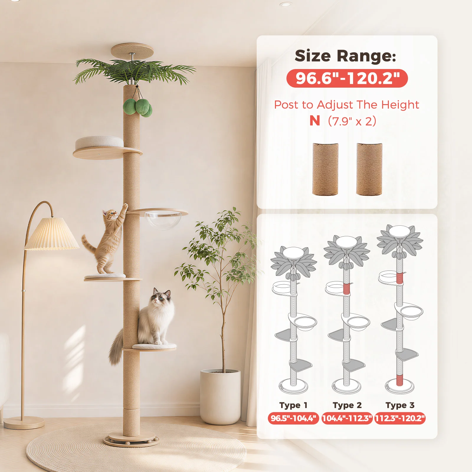 Torre para Gatos de Piso a Techo con Rascador y Cama – Árbol Ajustable