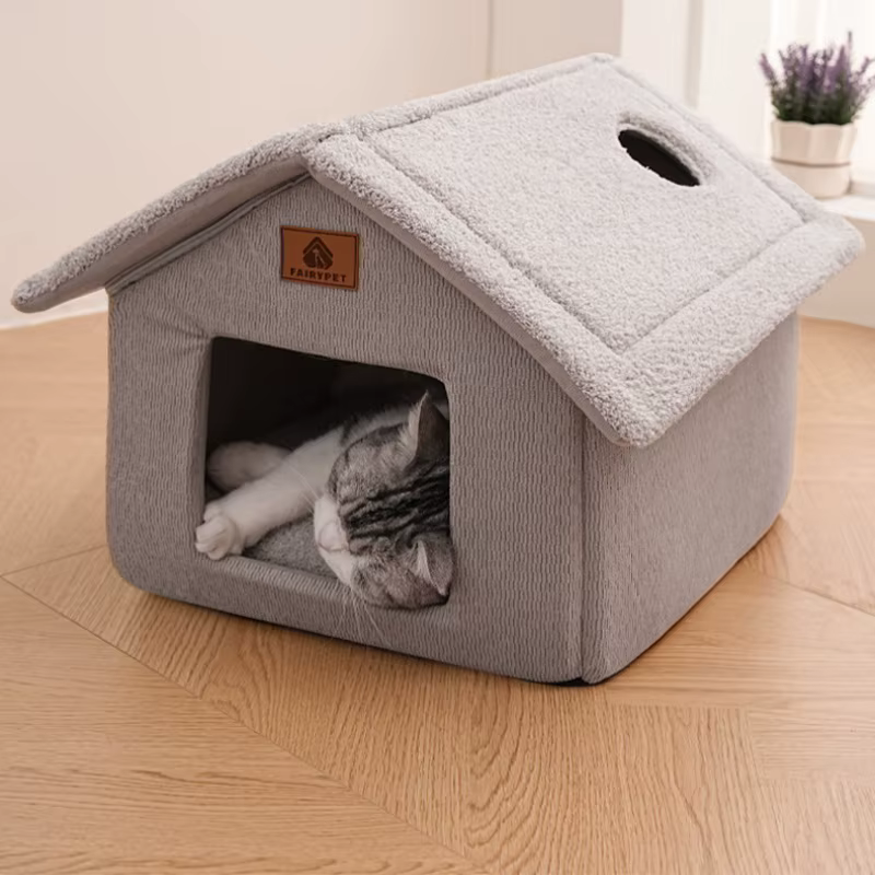 Casa cerrada de fieltro para gatos – Refugio cálido de invierno - imagen 4