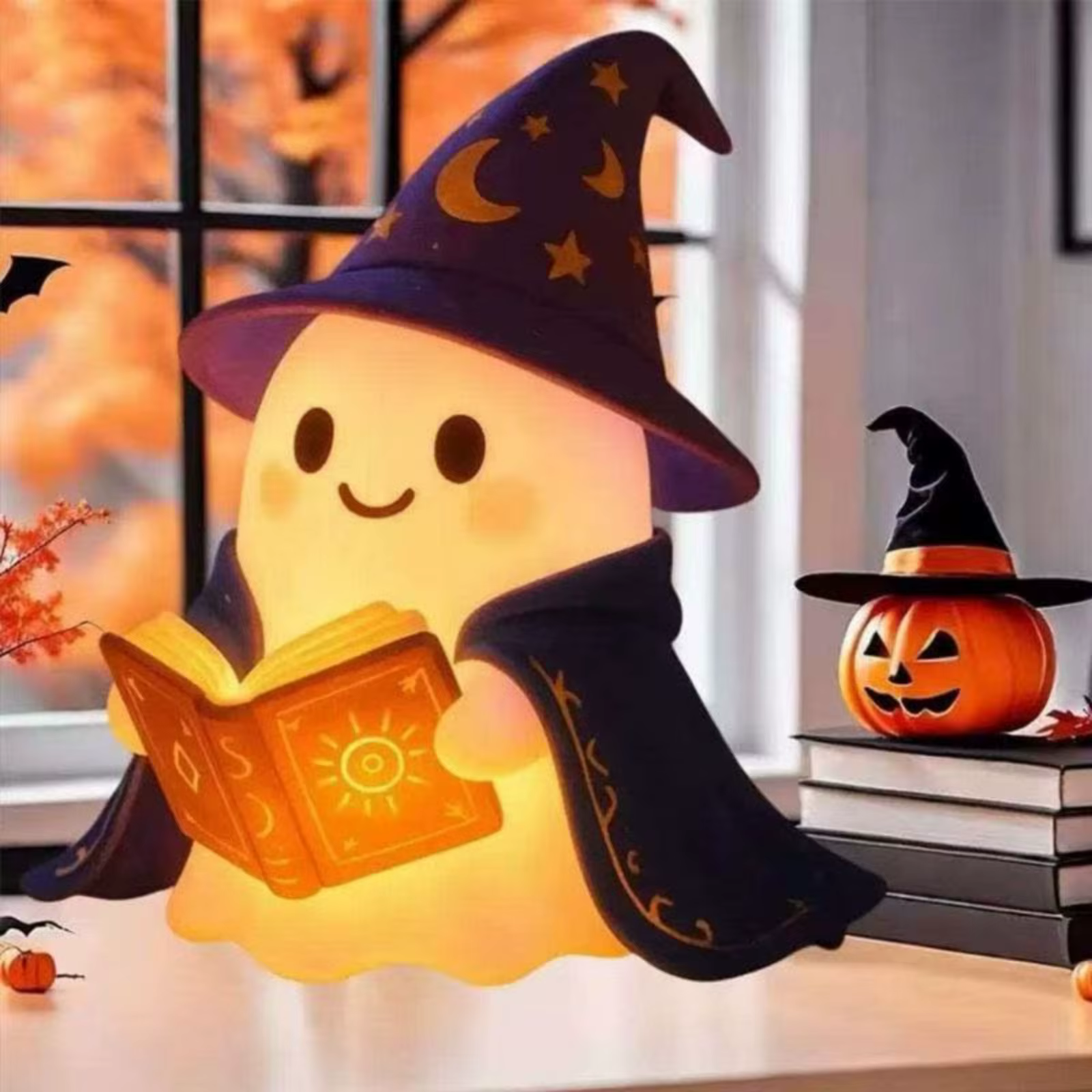 Figura Decorativa Fantasma Mago con Libro Brillante – Adorable para Mesa de Noche - imagen 5