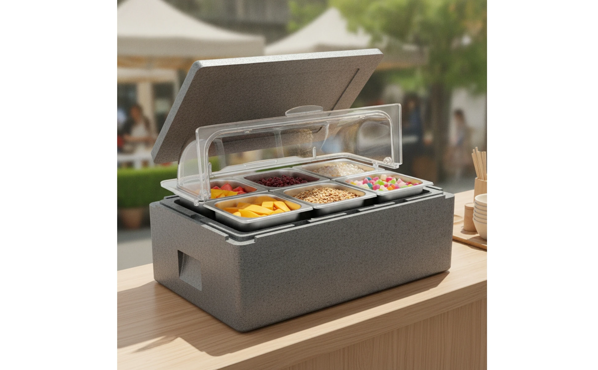 Caja refrigeradora en uso para servicio de catering