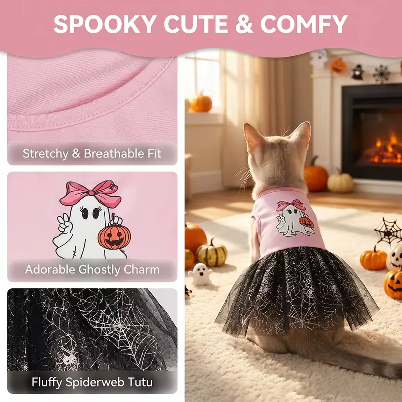 Tutú rosa Halloween para perros y gatos – Falda tul y arañas - imagen 4