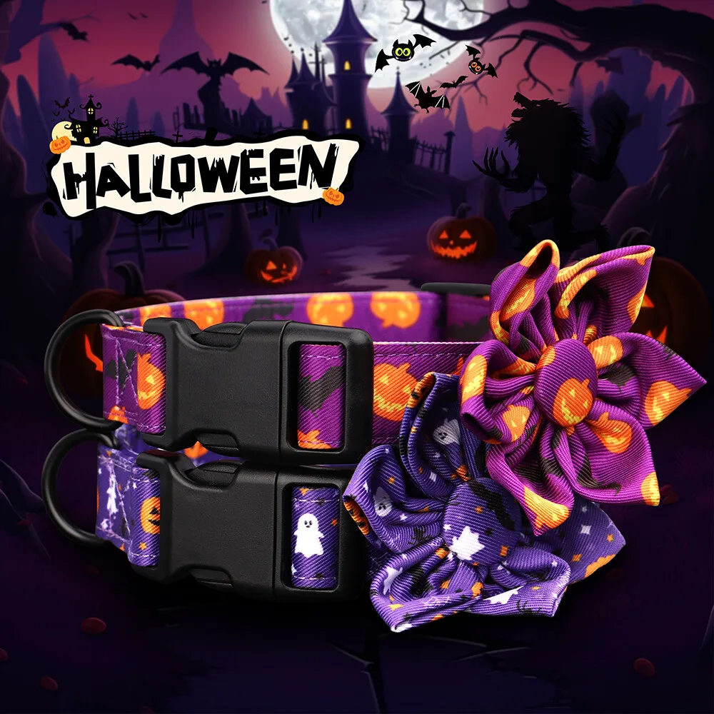 Collar de Halloween para perros pequeños – Diseño calabaza y flores ajustable - imagen 2