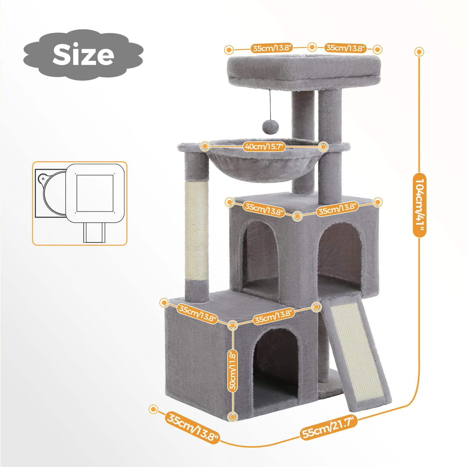 Vista frontal del árbol para gatos mostrando condominios y hamaca