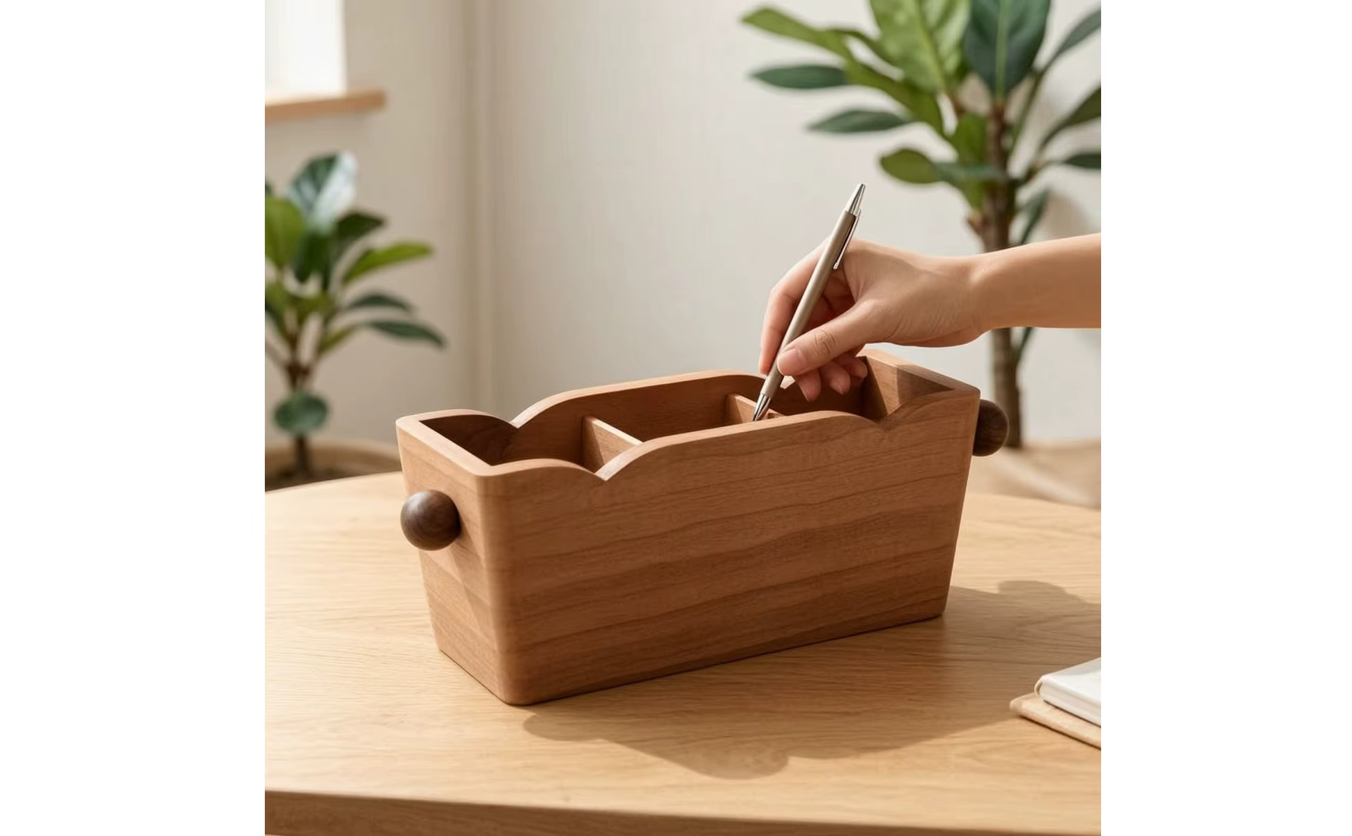 Organizador rústico sobre mesa de trabajo con útiles organizados