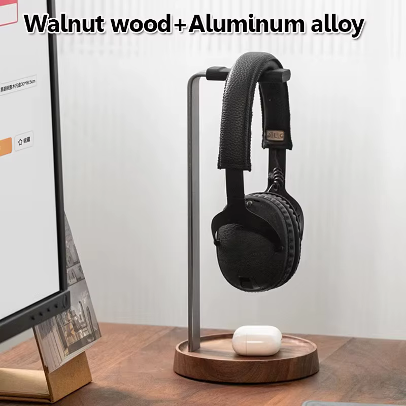 Soporte de madera para auriculares con base de aluminio