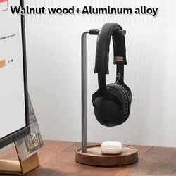 Soporte de madera para auriculares con base de aluminio
