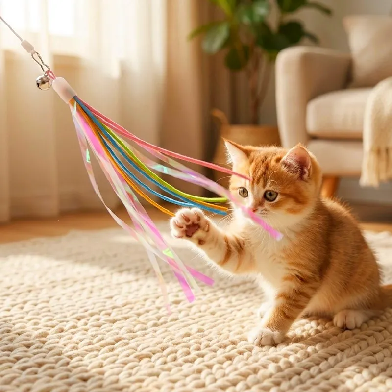 Varita interactiva para gatos con cinta y borlas – Juguete de caza - imagen 4