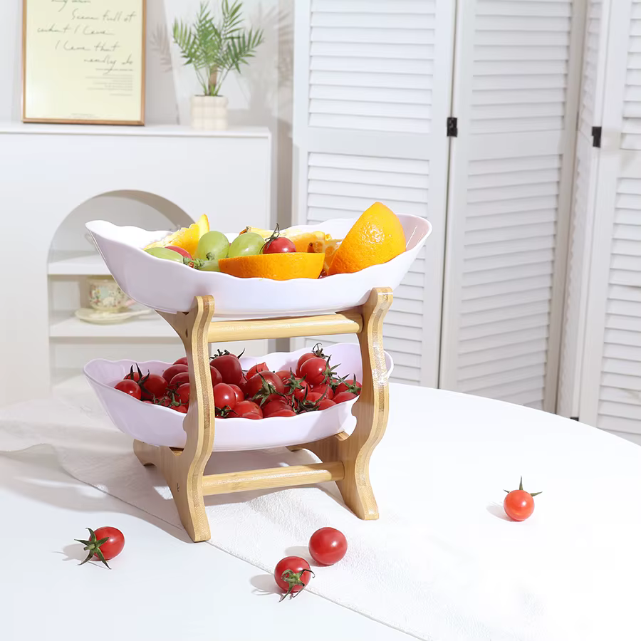 Cesta de Frutas 2 Niveles – Soporte de Bambú para Bocadillos y Dulces