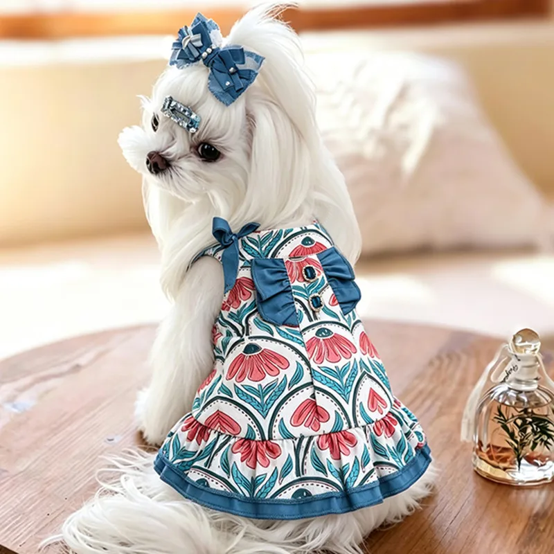 Vestido floral princesa con volantes y lazo para perros pequeños - imagen 4