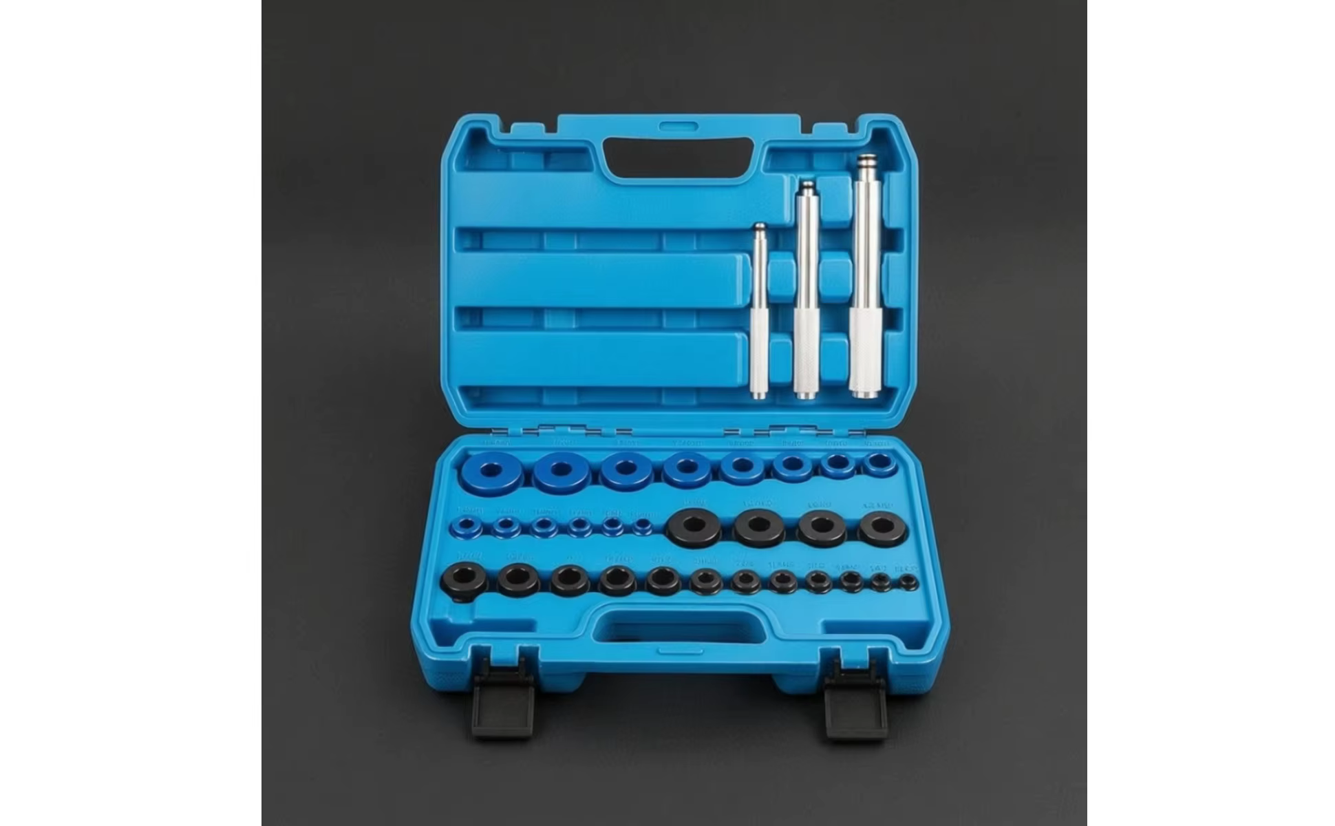 Vista general del kit completo de 33 piezas con estuche organizado