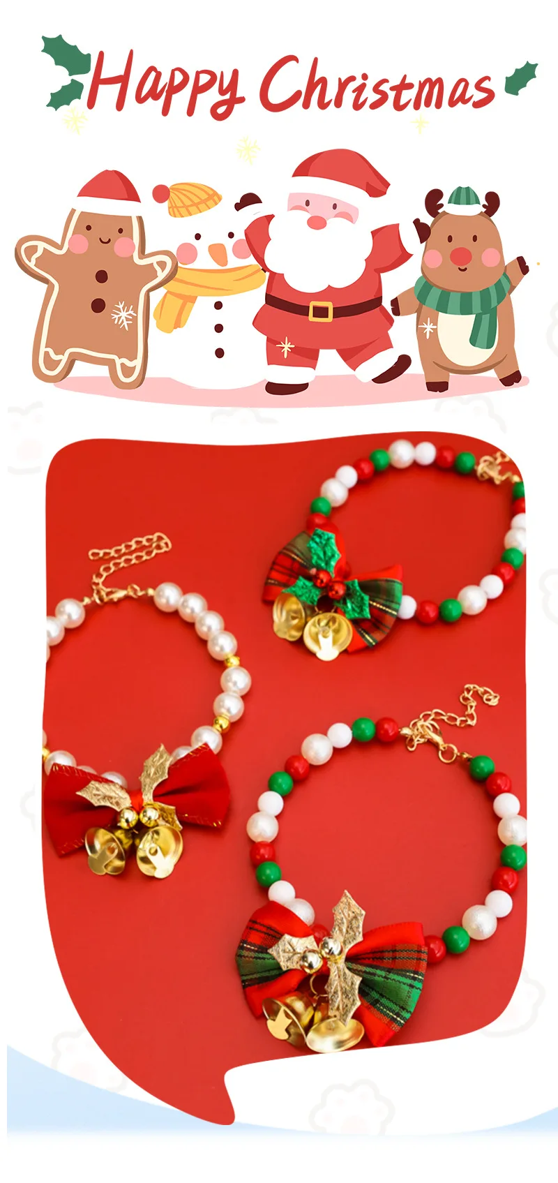 Collar navideño para mascotas con detalles de perlas y lazo