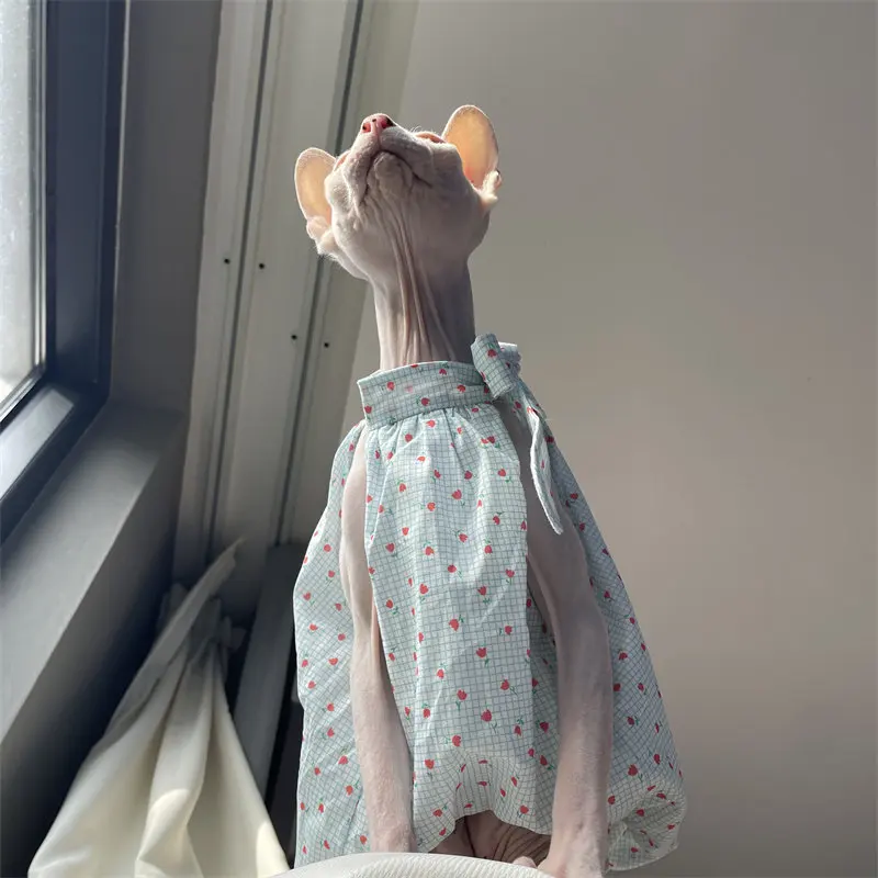 Ropa de verano para gatos Sphynx: vestido de algodón azul claro - imagen 5
