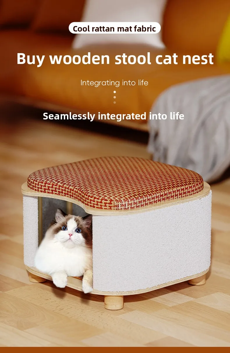 Vista frontal de la cama multifuncional para gatos de madera maciza