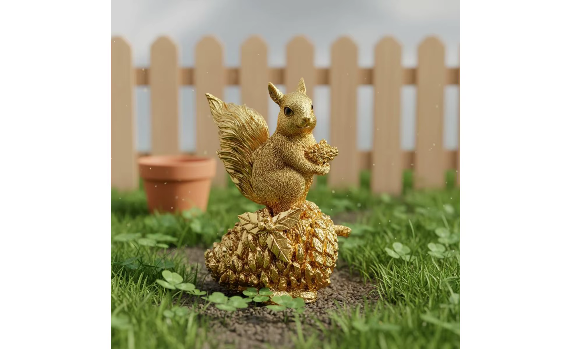 Figura de ardilla en un jardín con plantas