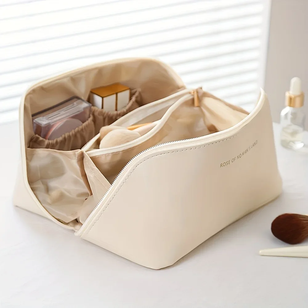 Bolsa de maquillaje de cuero PU con cierre de cremallera