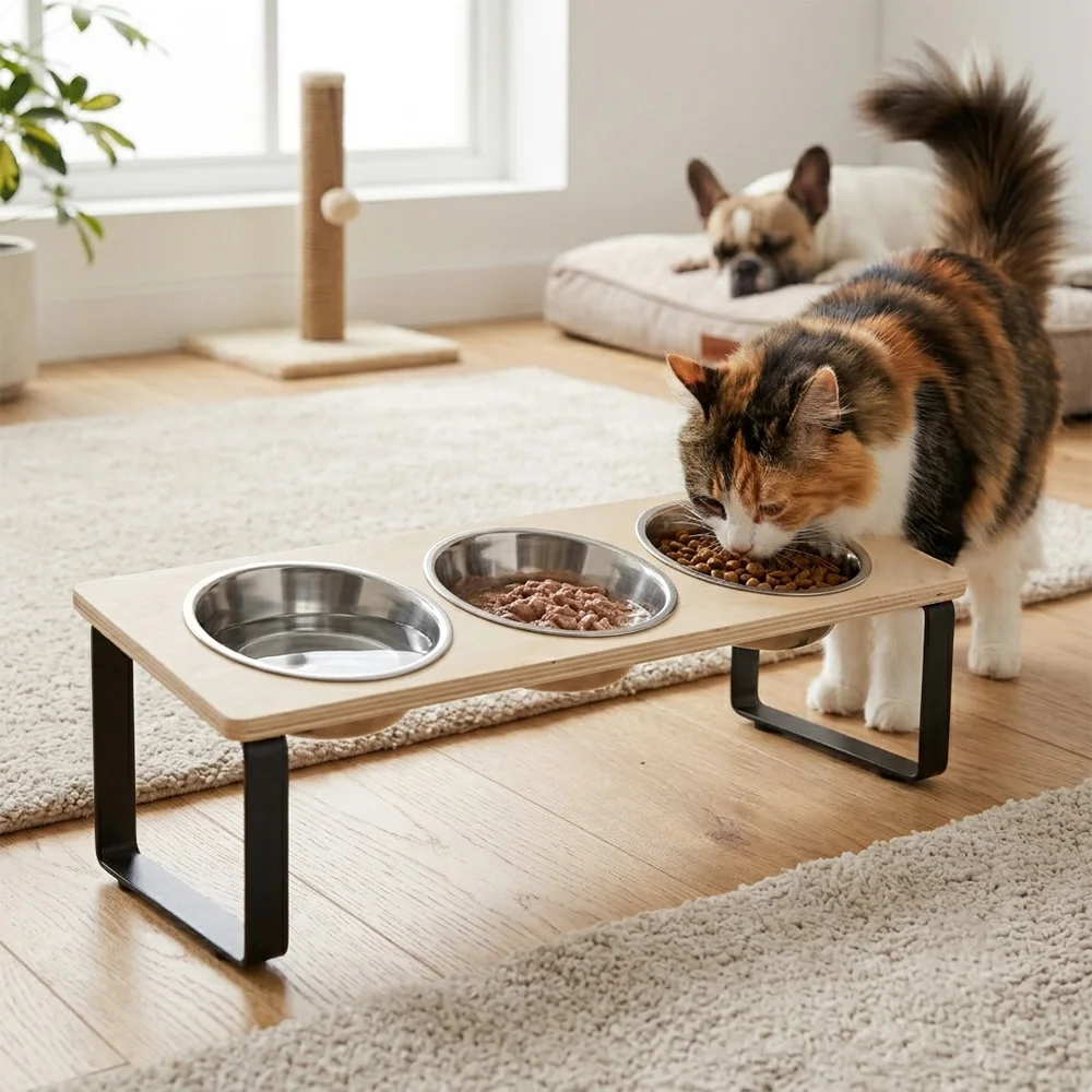 Comedero elevado de madera para gatos y perros pequeños con cuencos - imagen 3