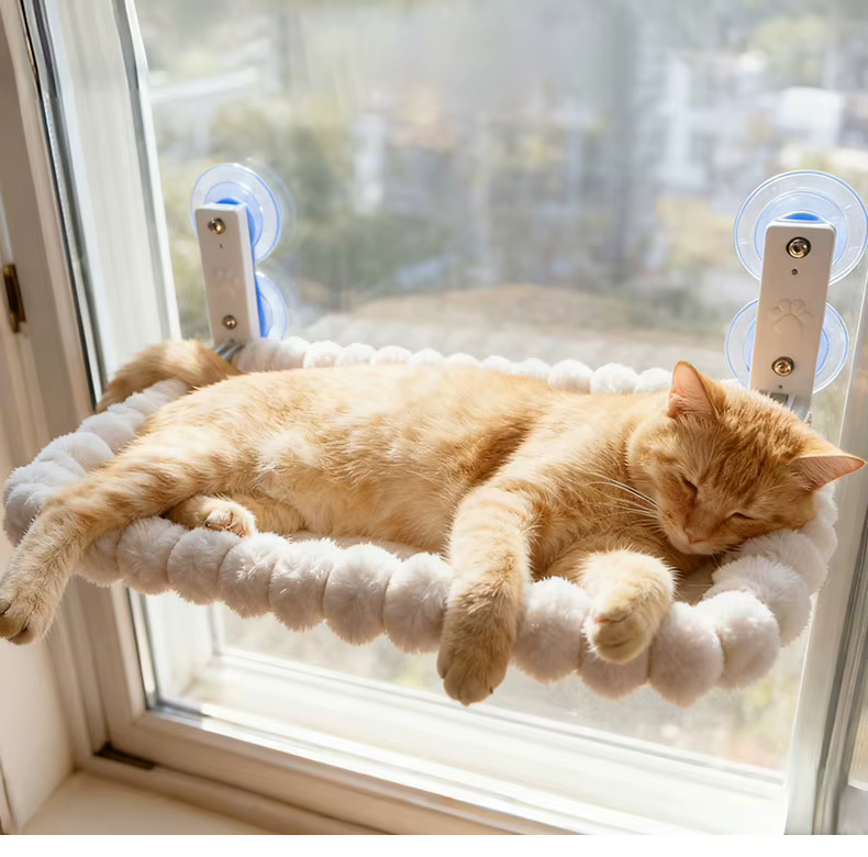 Vista detallada de la tela resistente y la estructura de la hamaca para gatos