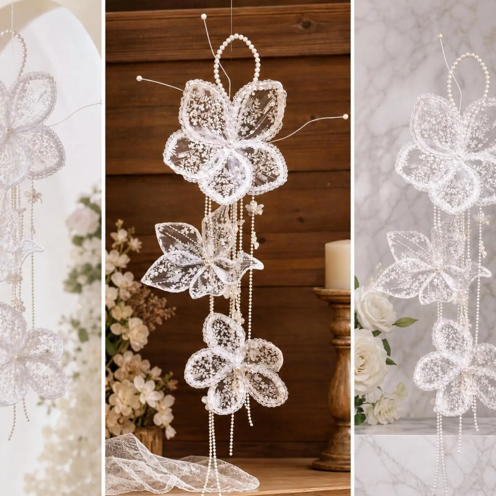 Cadena de encaje con perlas y flores – Adorno floral para boda y decoración de mesa - imagen 4