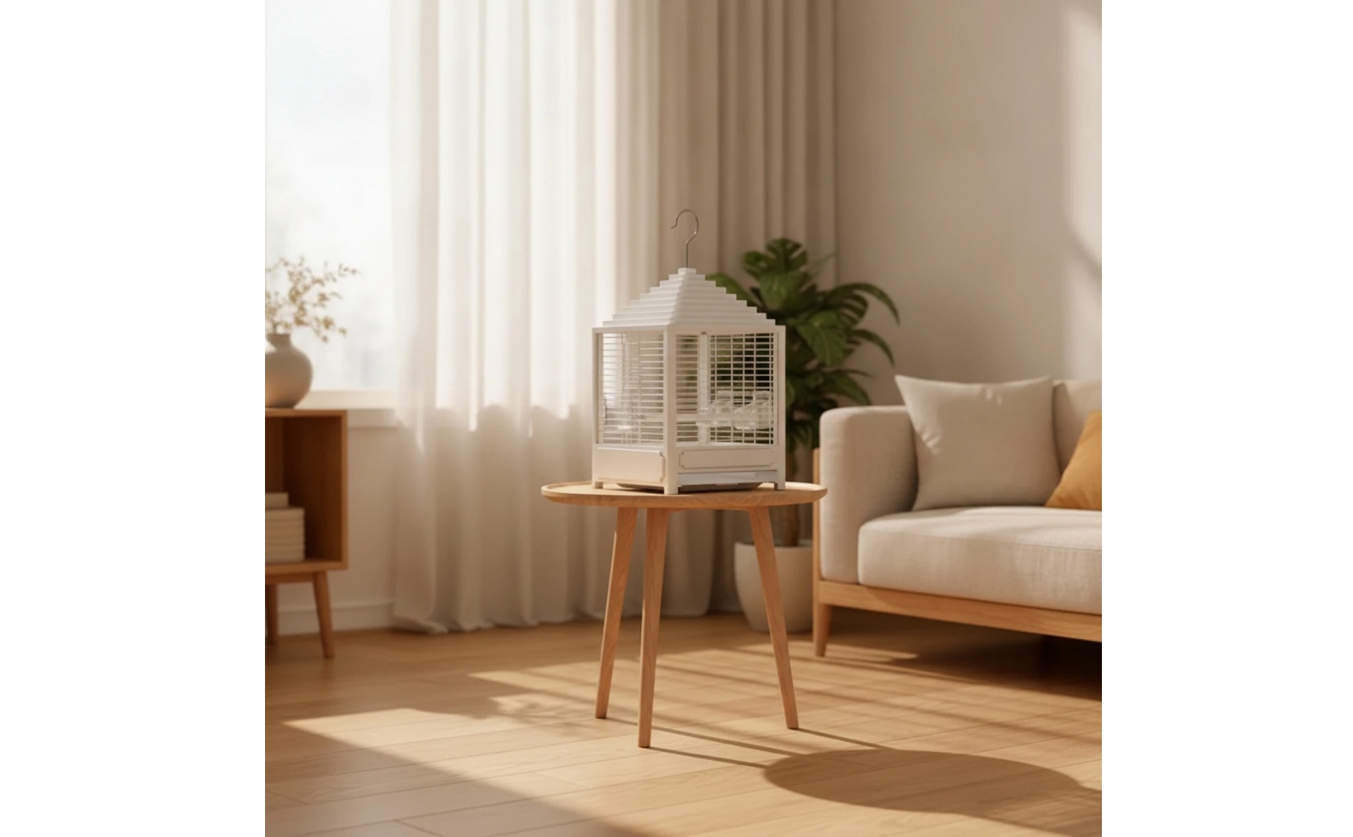 Jaula decorativa blanca para pájaros con techo clásico