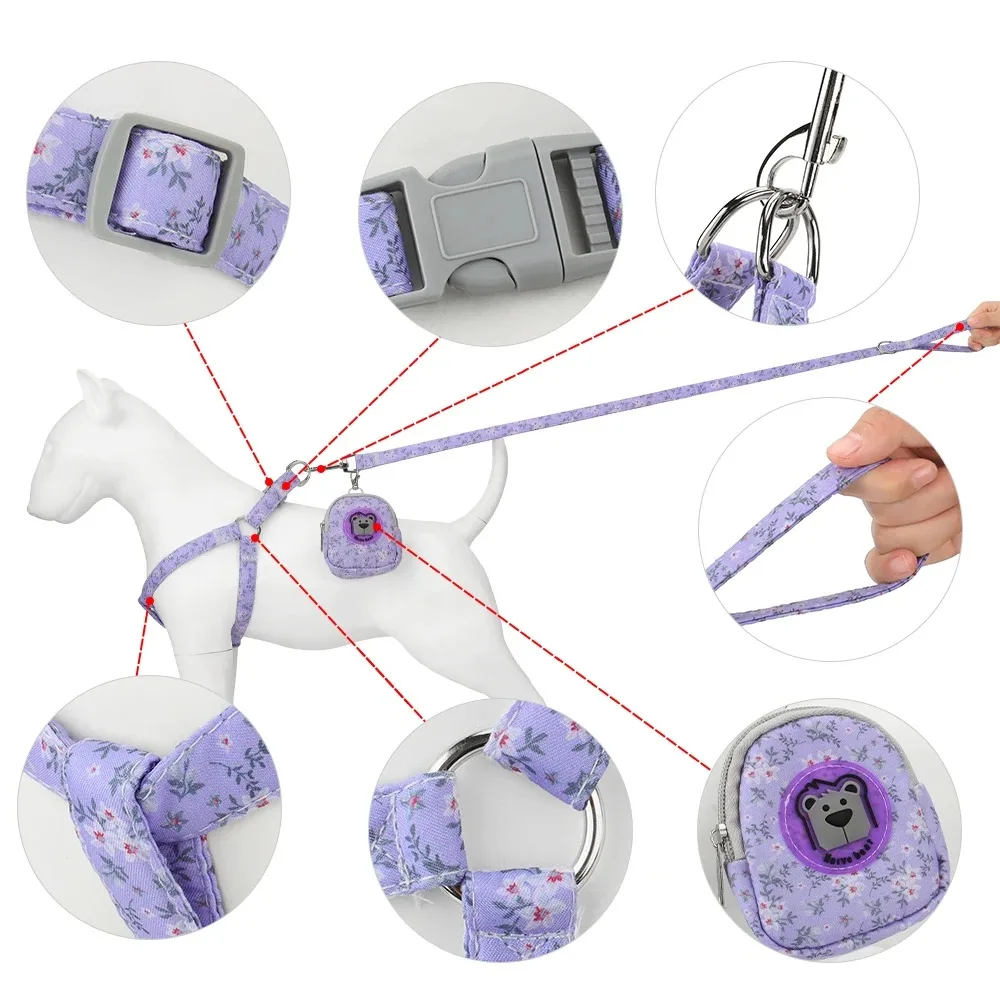 Kit arnés floral ajustable con correa y mochila para perros y gatos