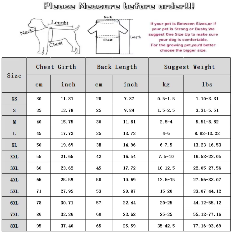 Tabla de tallas del abrigo