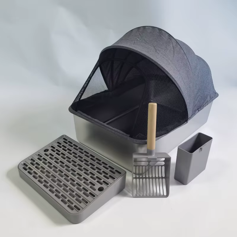 Caja de arena cerrada para gatos – Bandeja alta acero inoxidable con cubierta plegable - imagen 3