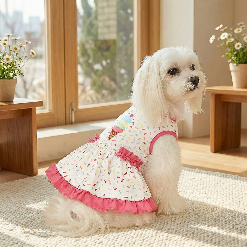 Vista lateral del vestido para perros estampado