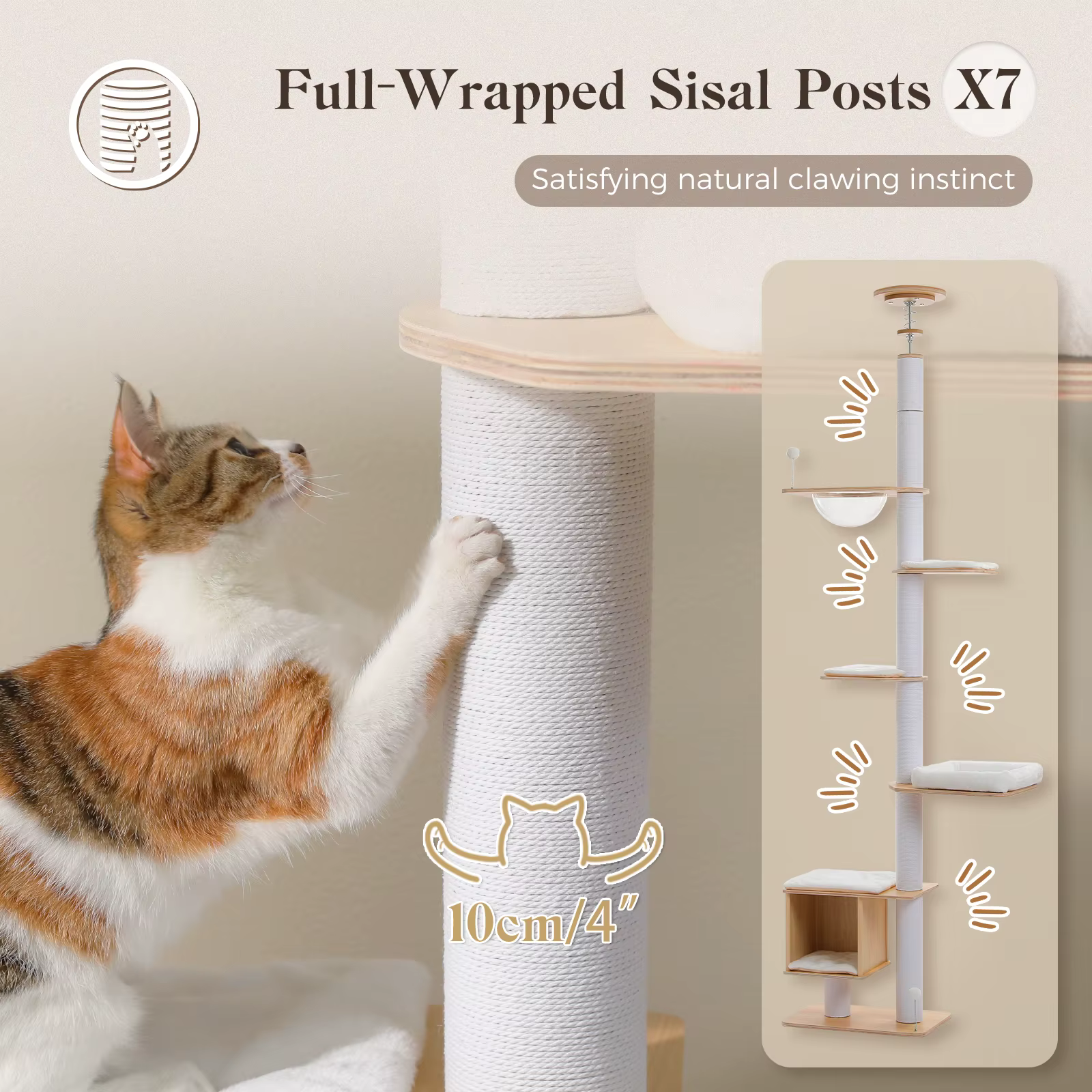 Árbol rascador para gatos extensible de piso a techo, sisal - imagen 5