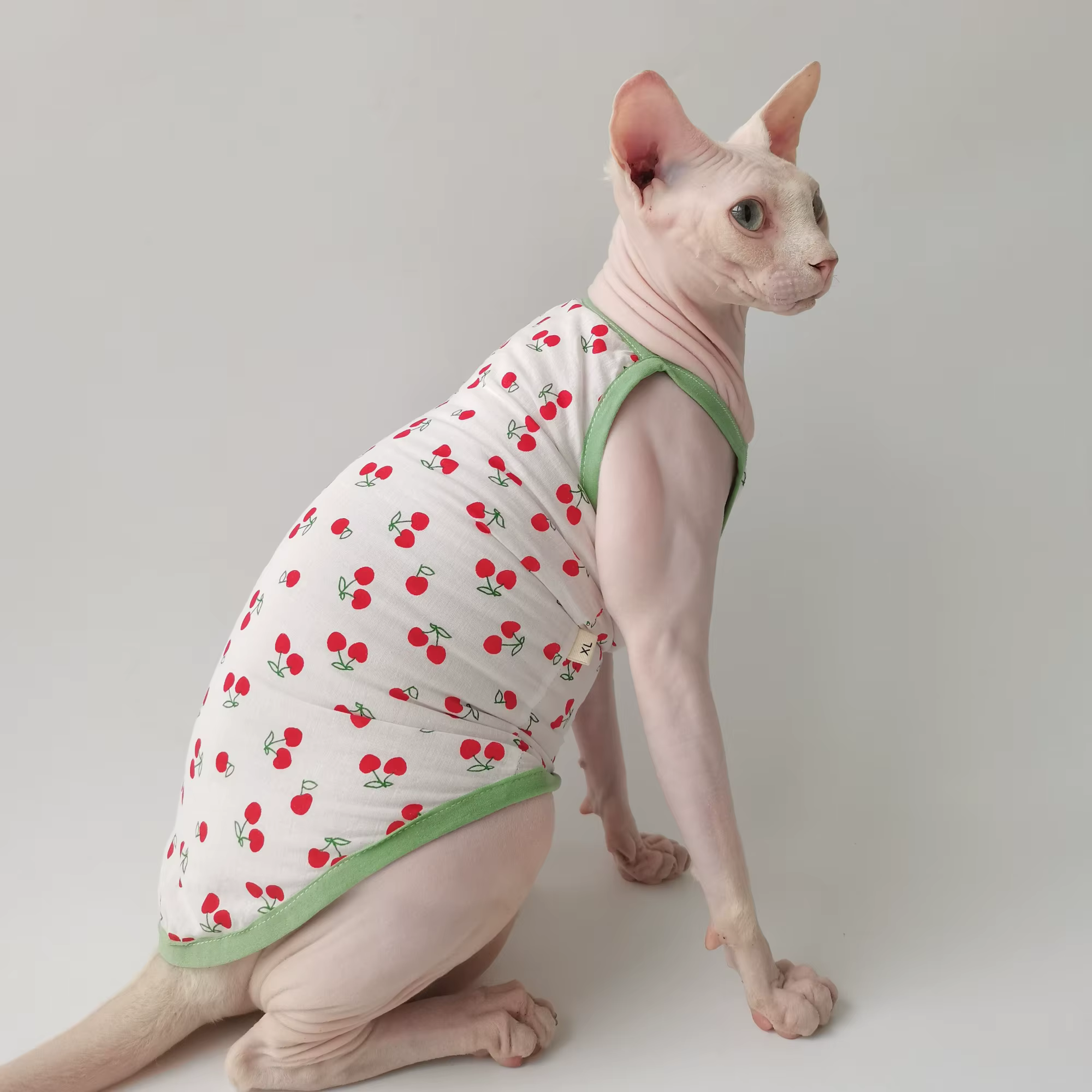 Camiseta de algodón para gatos Sphynx sin pelo con estampado de cerezas